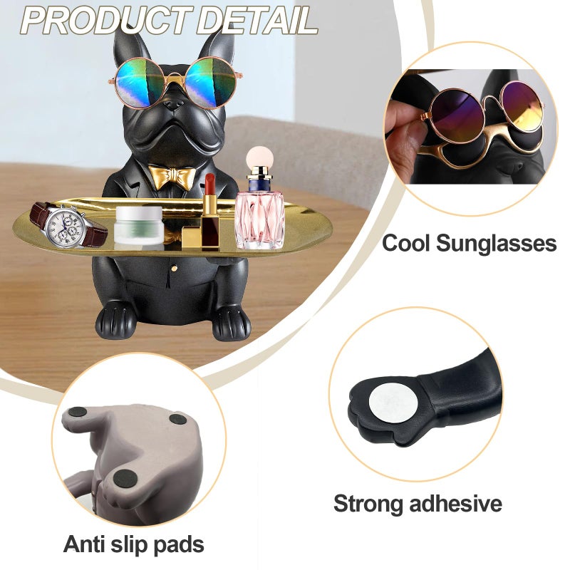 Huhote Bulldog Tray Statue, Sitting Bulldog Candy Dish Key Holder Bowl, Bulldog Accessories, Resin Statues for Office Desk Home Decor Figurines Entryway Table Decor (Black) - Image 2
