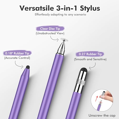 MEKO 3 in 1 Stylus Pens for Touch Screens, High Sensitivity & Precision Capacitive Stylus Pencil for Apple iPad iPhone Tablets Samsung Galaxy All Universal Touchscreen Devices (2 Pack-Silver/Purple) - Image 2