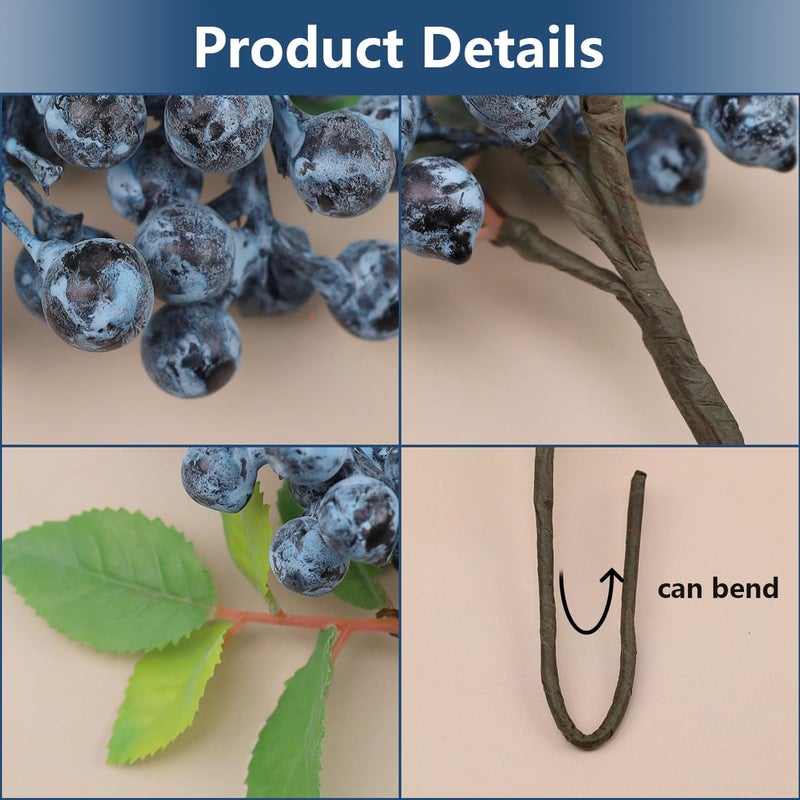 Meiwlong Fake Blueberries Artificial Berry Picks for Decor,Artificial Blueberry Stems for Lifelike Fruits Arrangement Flowers DIY Christmas Wedding Crafts-3 Pack - Image 3