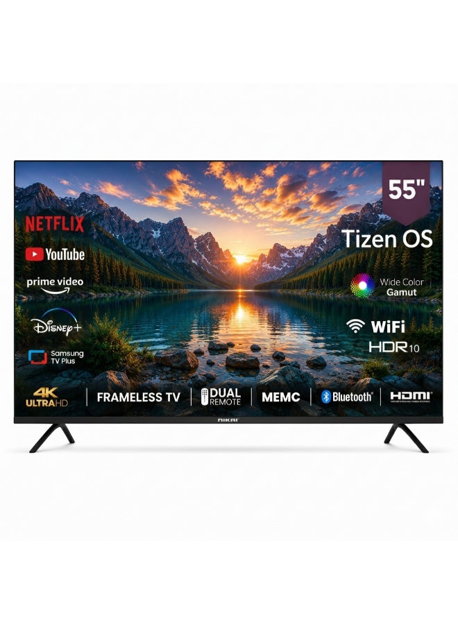 NIKAI 55" UHD 4K Smart TV, Operating System Tizen, 60Hz, built-in DVBT2/S2 tuners, Voice Control, Wi-Fi, Bluetooth, NetFlix, Youtube, Disney, Prime, Frameless Design, 2 Remotes, Model Year 2025, 2 Year Warranty, TZN55NK4KLED Black - Image 1