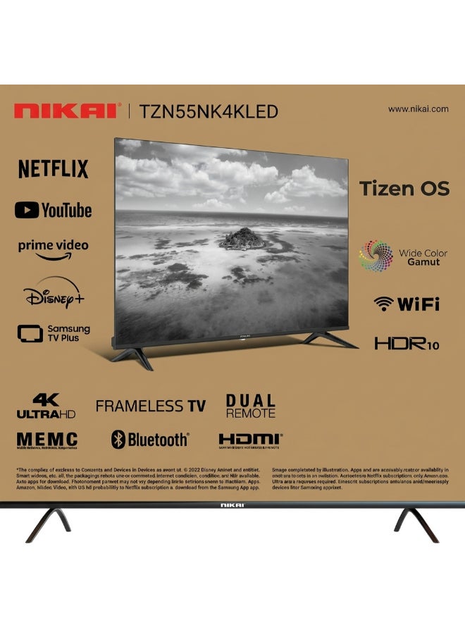 NIKAI 55" UHD 4K Smart TV, Operating System Tizen, 60Hz, built-in DVBT2/S2 tuners, Voice Control, Wi-Fi, Bluetooth, NetFlix, Youtube, Disney, Prime, Frameless Design, 2 Remotes, Model Year 2025, 2 Year Warranty, TZN55NK4KLED Black - Image 2