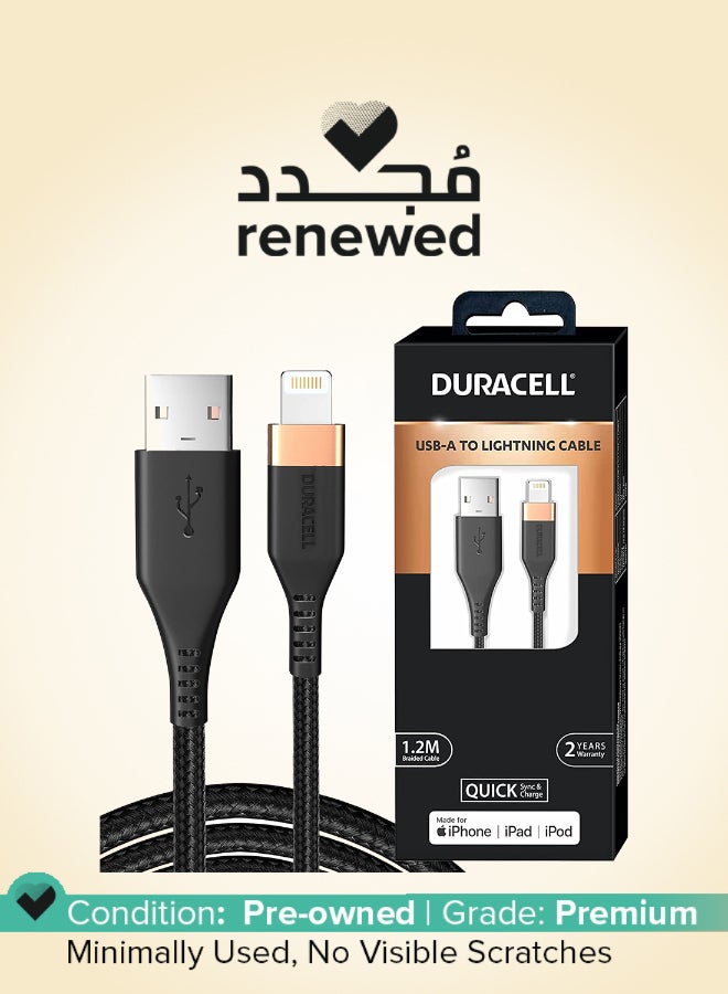 Duracell Renewed - Duracell USB-A to Lightning Braided Sync & Charge Cable - 1.2M (3.9 Feet) - Black - Image 1
