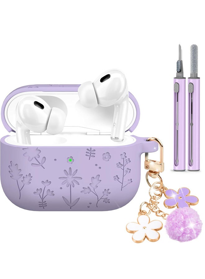 SJet AirPods Pro 3 2025 Case with Cherry Blossom Keychain and Cleaning Kit, Soft Silicone Protective Flower Engraved with AirPod Pro 3 Case Cover(Purple) - Image 1
