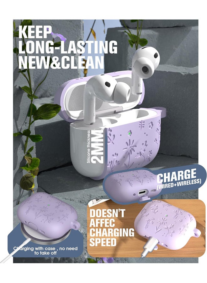 SJet AirPods Pro 3 2025 Case with Cherry Blossom Keychain and Cleaning Kit, Soft Silicone Protective Flower Engraved with AirPod Pro 3 Case Cover(Purple) - Image 5