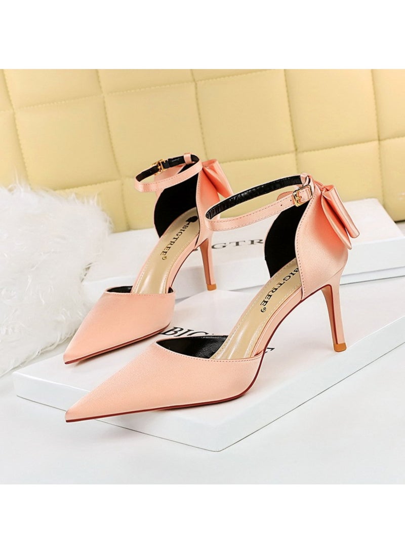 بيج تري Sweet Women Shoes Stiletto Heels High Hels Shallow Cut Pointed Shoes Satin Bow line High Heel Sandals8cm - Image 1