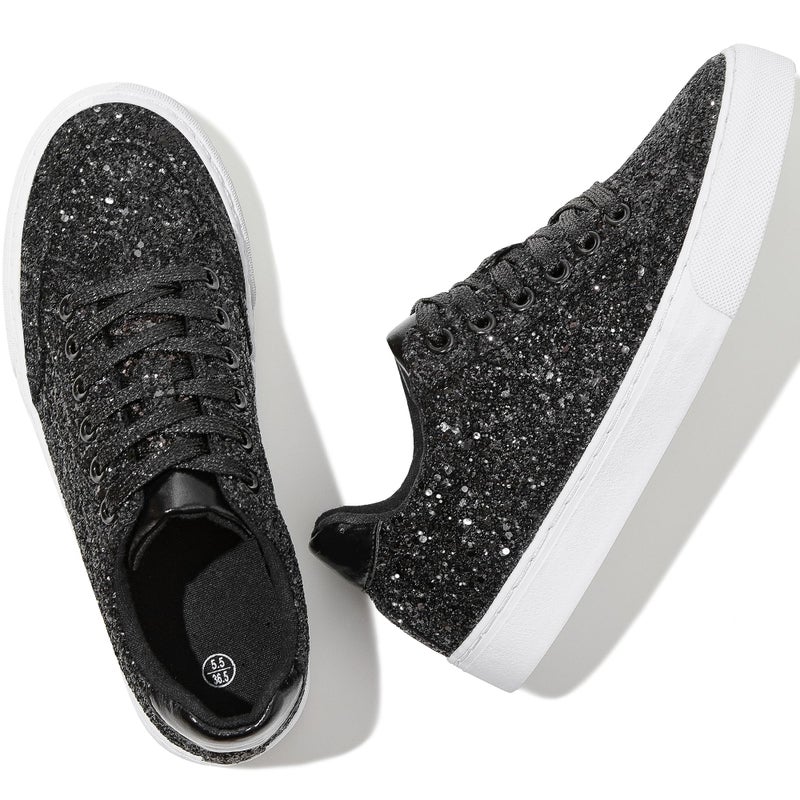 Jeekopeg Glitter Sparkly Fashion Sneakers Shoes Shiny Casual Shoes Bling Sequin Concert Low Cut Lace up Shoes(Black Glitter,9 Women/7.5Men) - Image 4