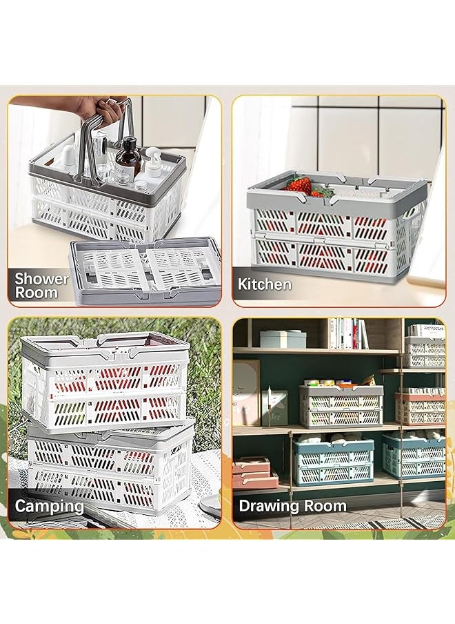 Plastic Collapsible Storage Crate Foldable Handle Crate Storage Basket Bin White And Grey.