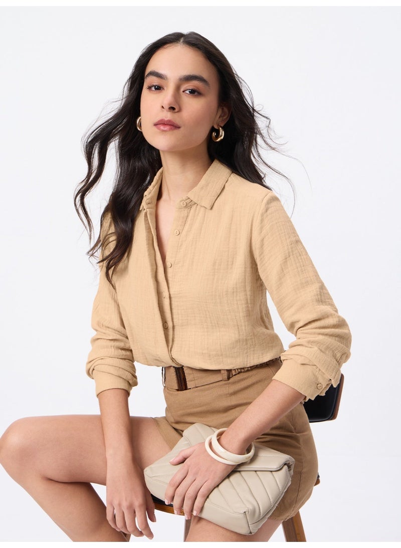The Souled Store Minimalist Line: Oversized Women and Girls Full Sleeves Spread Collar Beige Solid Cotton Relaxed Fit Lightweight Comfortable All-Season Shirt for Casual Wear - Image 3