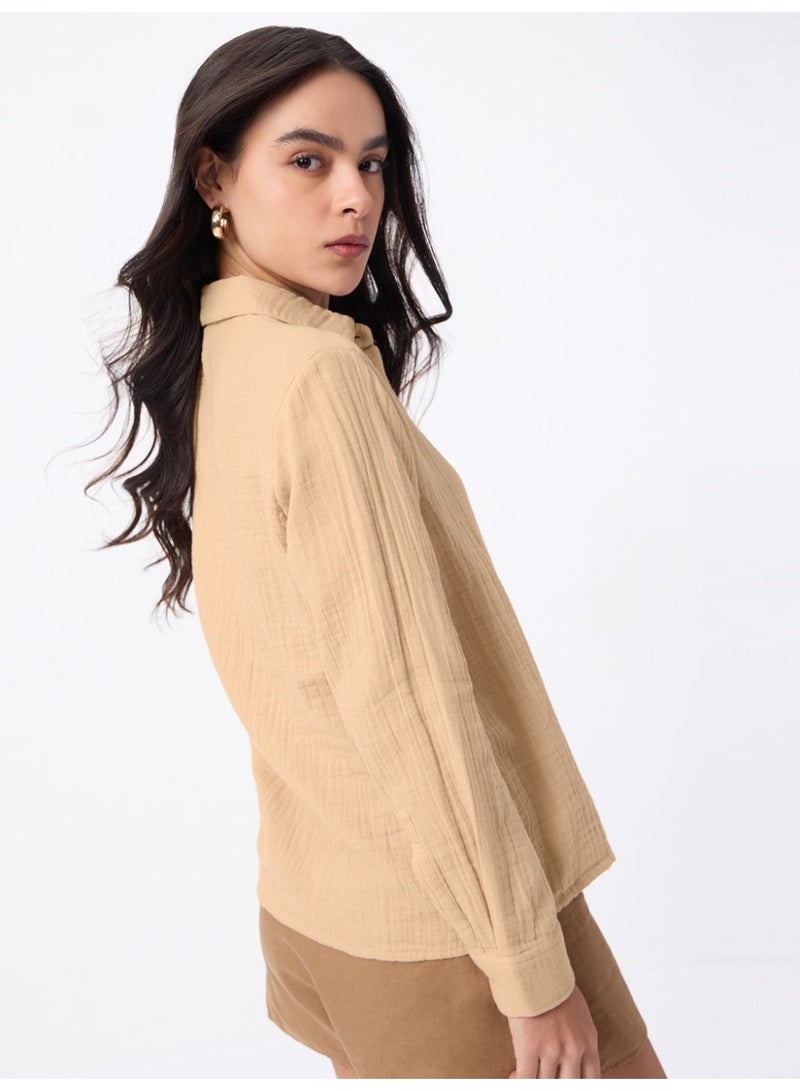 The Souled Store Minimalist Line: Oversized Women and Girls Full Sleeves Spread Collar Beige Solid Cotton Relaxed Fit Lightweight Comfortable All-Season Shirt for Casual Wear - Image 4