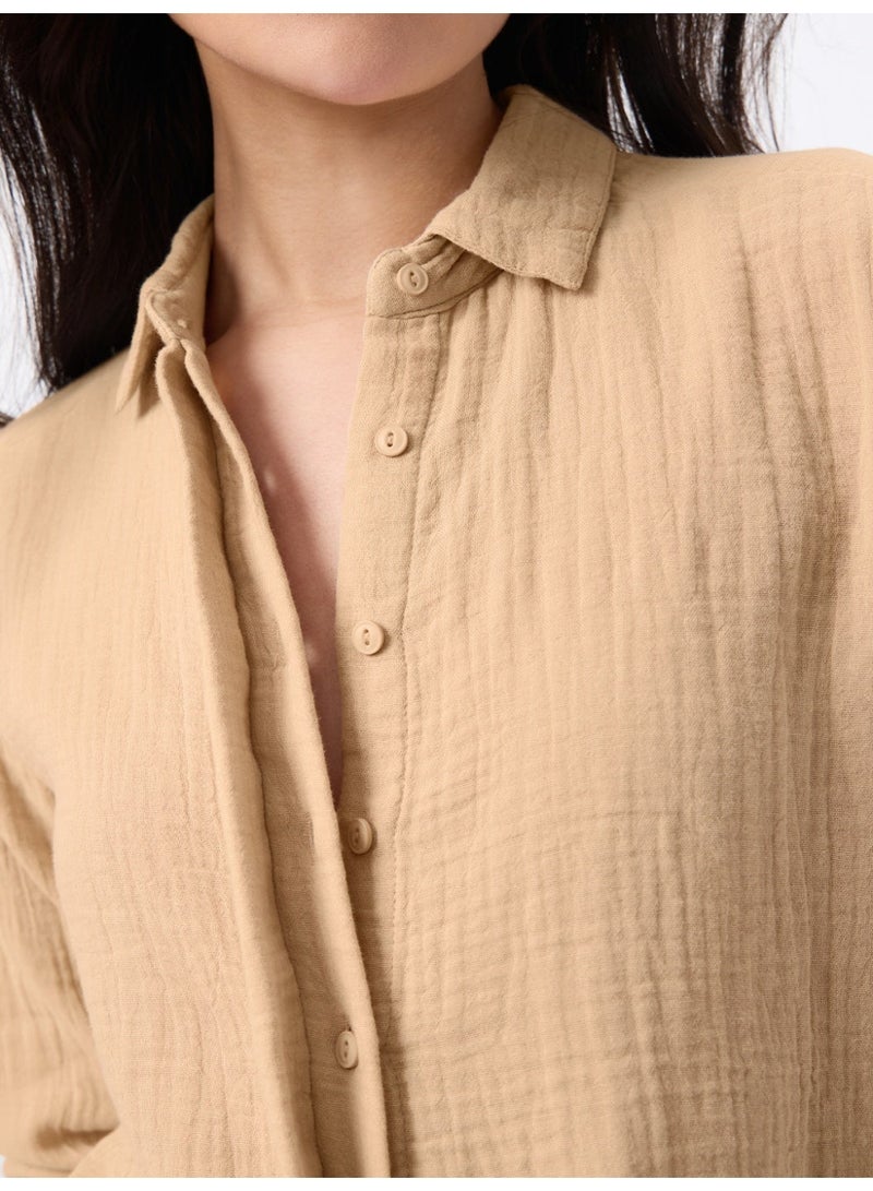 The Souled Store Minimalist Line: Oversized Women and Girls Full Sleeves Spread Collar Beige Solid Cotton Relaxed Fit Lightweight Comfortable All-Season Shirt for Casual Wear - Image 5