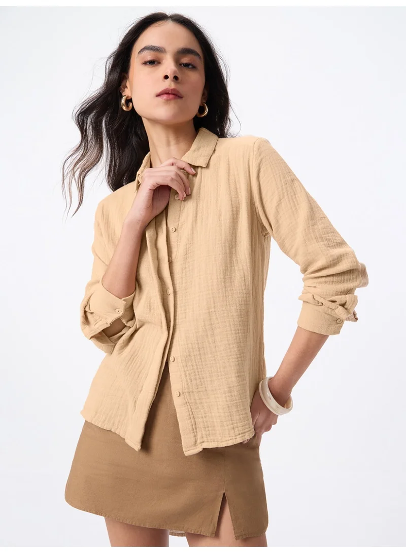 The Souled Store The Souled Store Minimalist Line: Oversized Women and Girls Full Sleeves Spread Collar Beige Solid Cotton Relaxed Fit Lightweight Comfortable All-Season Shirt for Casual Wear