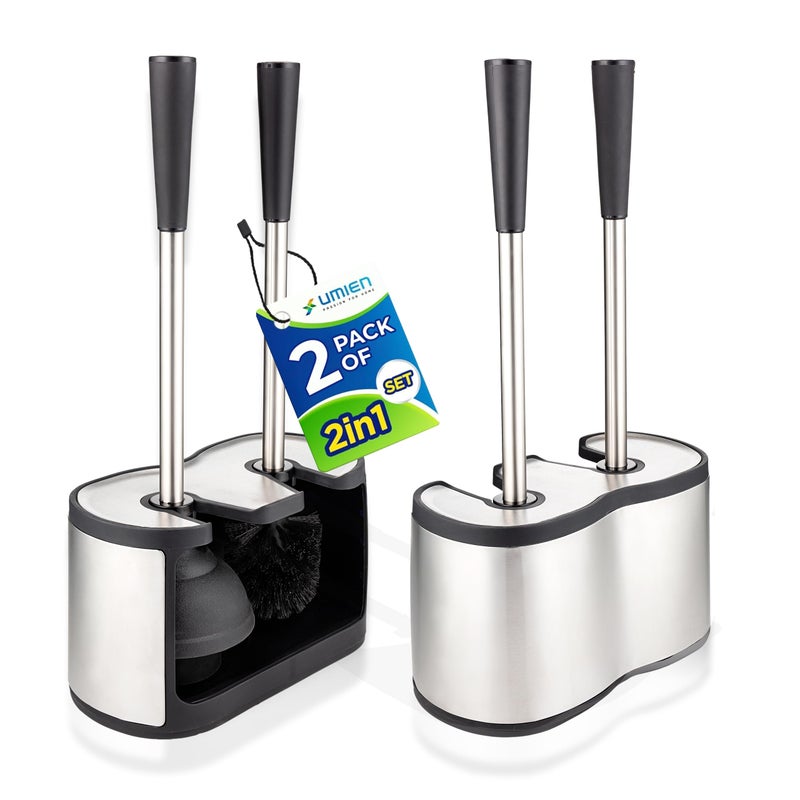 UMIEN 2 Pack Toilet Brush and Plunger Set 18in Updated 2025 NoRust Stainless Steel Design Long Handles with Freestanding Canister Satin Nickel