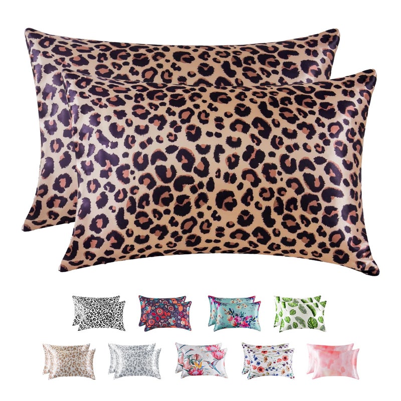 MR&HM Satin Pillowcase for Hair and Skin, Silk Satin Pillowcase 2 Pack, Queen Size Pillow Cases Set of 2, Silky Pillow Cover with Envelope Closure (20x30, Brown Leopard) - Image 1