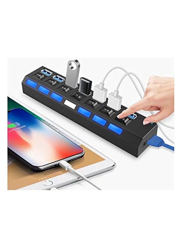 (7-Port) USB Hub 3.0, Portable USB 3.0 Splitter 5.0Gbps Data transfer With 2ft Micro B Extended Cable LED Power Switches For MacBook/Mac/Surface/Pro/XPS/PC/Flash Drive/Mobile/HDD - Black