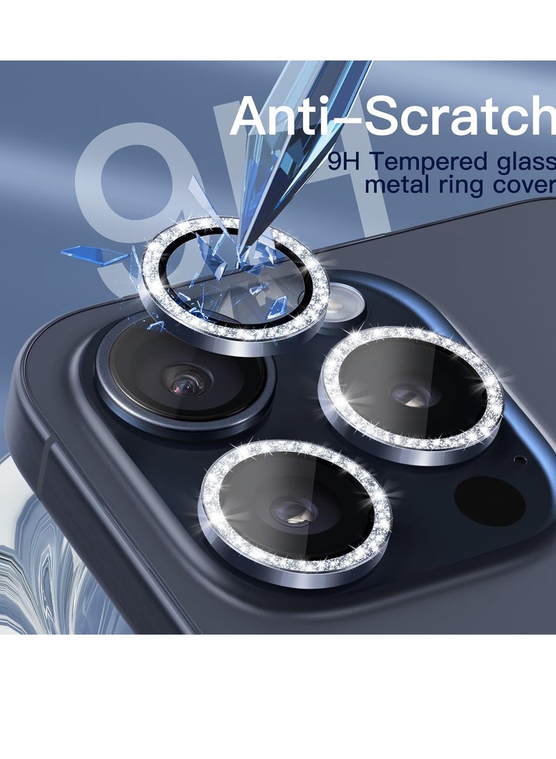 Camera Lens Protector for iPhone 15 Pro 6.1-Inch and iPhone 15 Pro Max 6.7-Inch, Bling Glitter Individual 9H Tempered Glass Metal Ring Cover, HD Clear, 3-Pack (Blue Titanium) - Image 4