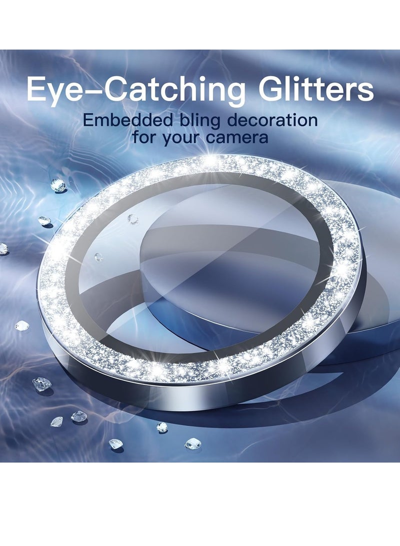 Camera Lens Protector for iPhone 15 Pro 6.1-Inch and iPhone 15 Pro Max 6.7-Inch, Bling Glitter Individual 9H Tempered Glass Metal Ring Cover, HD Clear, 3-Pack (Blue Titanium) - Image 2