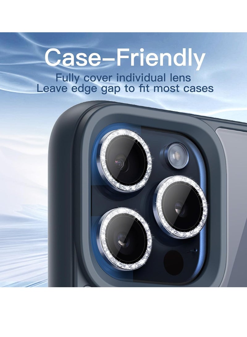 Camera Lens Protector for iPhone 15 Pro 6.1-Inch and iPhone 15 Pro Max 6.7-Inch, Bling Glitter Individual 9H Tempered Glass Metal Ring Cover, HD Clear, 3-Pack (Blue Titanium) - Image 5