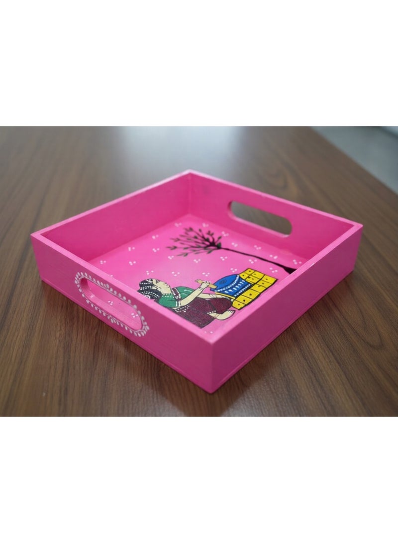 Artezaa Handcrafted Pink Wooden Serving Tray – 8 Inch Decorative Kitchen & Home Serveware | Artistic Hand Printed Tray for Snacks, Tea & Coffee and Home Decor | Kitchen Use & Gifting - Image 3