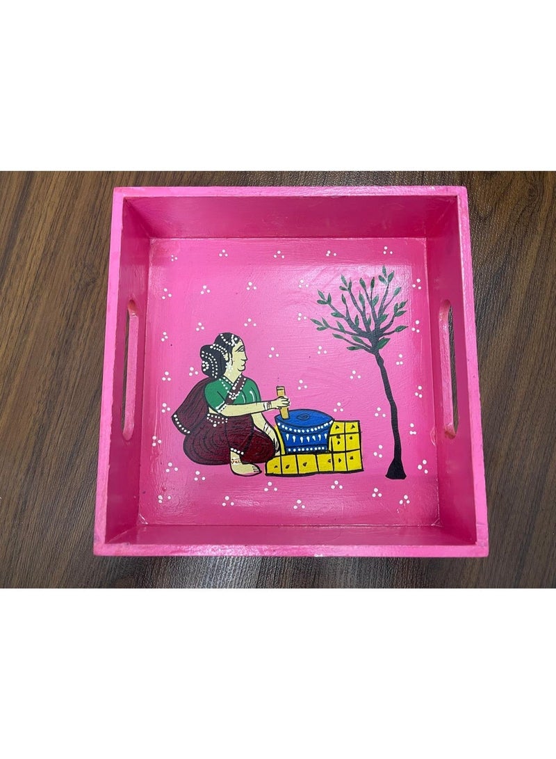 Artezaa Handcrafted Pink Wooden Serving Tray – 8 Inch Decorative Kitchen & Home Serveware | Artistic Hand Printed Tray for Snacks, Tea & Coffee and Home Decor | Kitchen Use & Gifting - Image 2