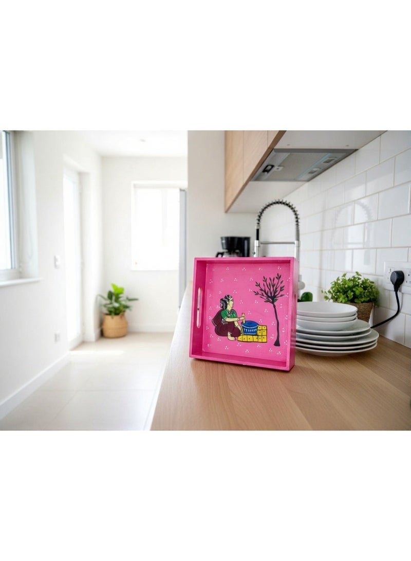 Artezaa Handcrafted Pink Wooden Serving Tray – 8 Inch Decorative Kitchen & Home Serveware | Artistic Hand Printed Tray for Snacks, Tea & Coffee and Home Decor | Kitchen Use & Gifting - Image 1