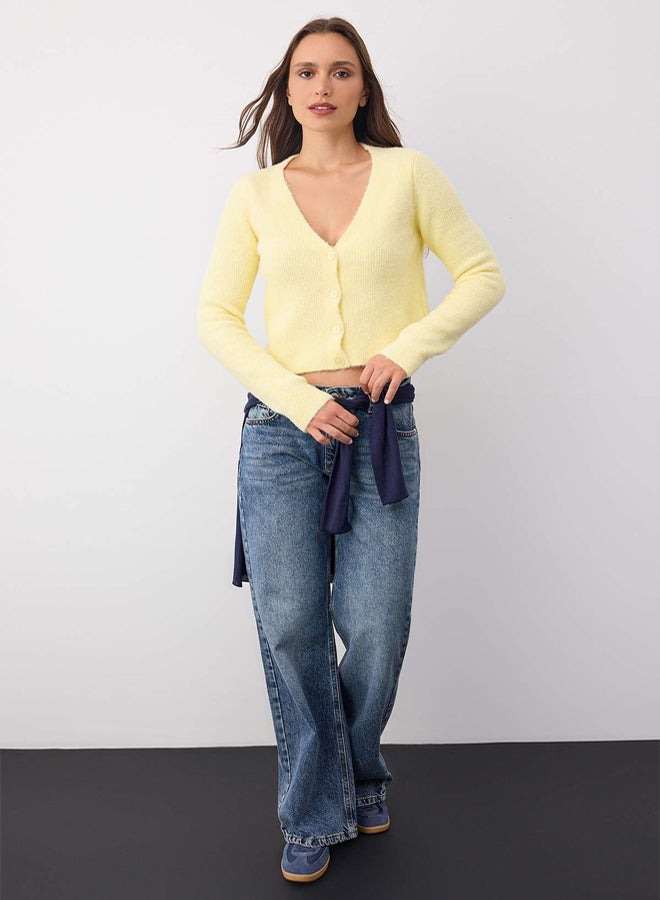 trendyol Wardrobe Essentials Yellow Crop Button Detail Soft Textured VNeck Wool Knitwear Cardigan - Image 2