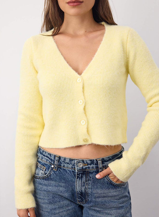 trendyol Wardrobe Essentials Yellow Crop Button Detail Soft Textured VNeck Wool Knitwear Cardigan - Image 3