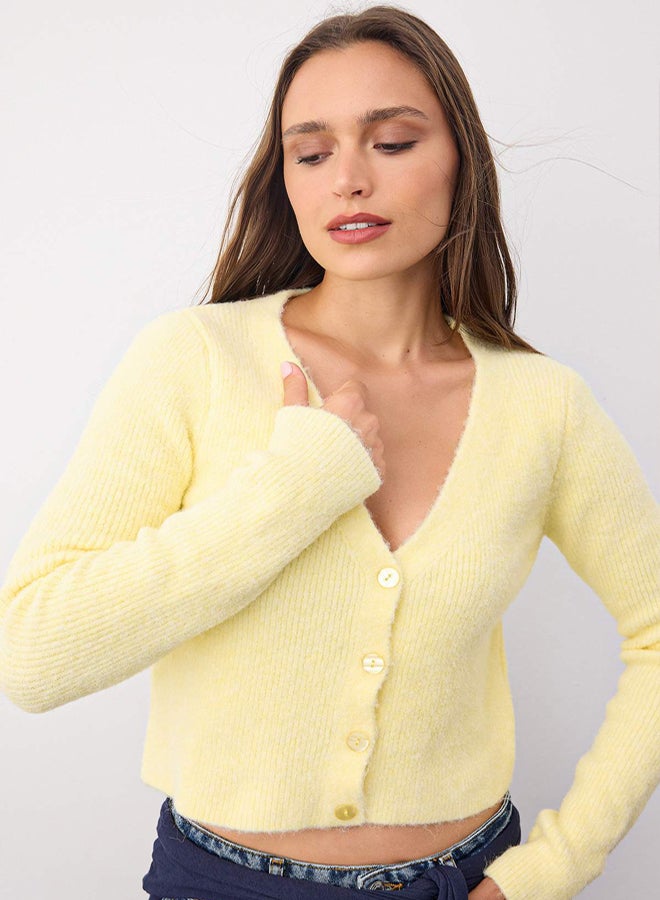 trendyol Wardrobe Essentials Yellow Crop Button Detail Soft Textured VNeck Wool Knitwear Cardigan - Image 1