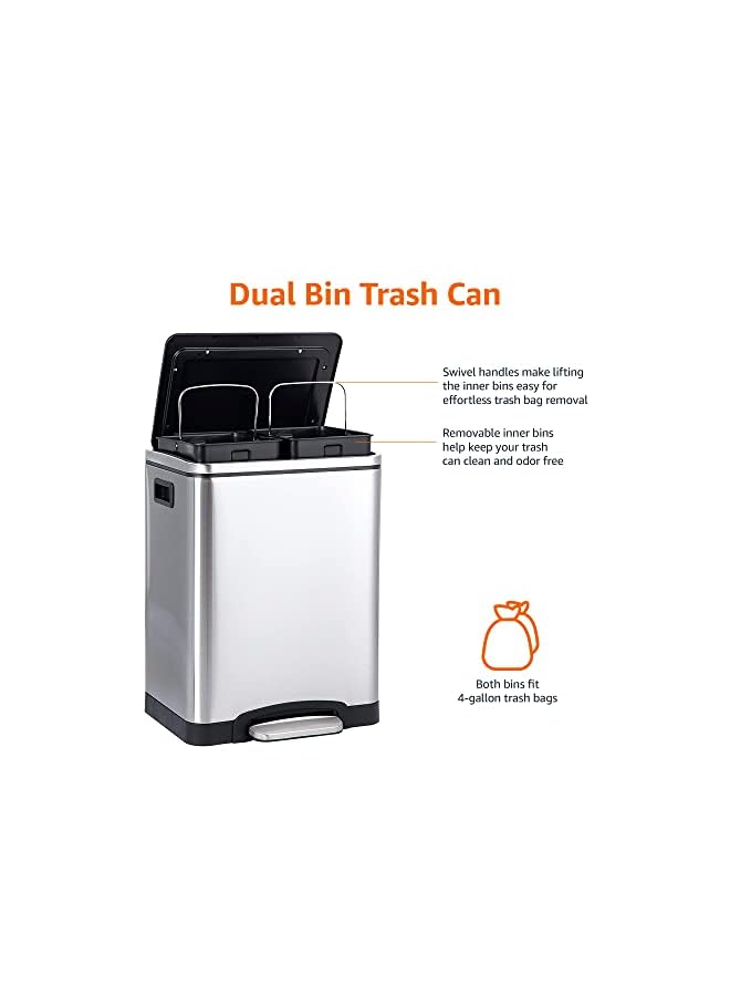 Zaboon Basics Dual Bin Rectangular Trash Can With SoftClose Foot Pedal 30 Liter (2 X 15 Liter Interior Bins) Brushed Stainless Steel - Image 3