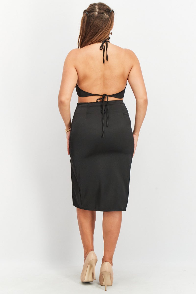 Unique21 Women Halter Neck Solid Side Slit Cut Out Midi Dress, Black - Image 3