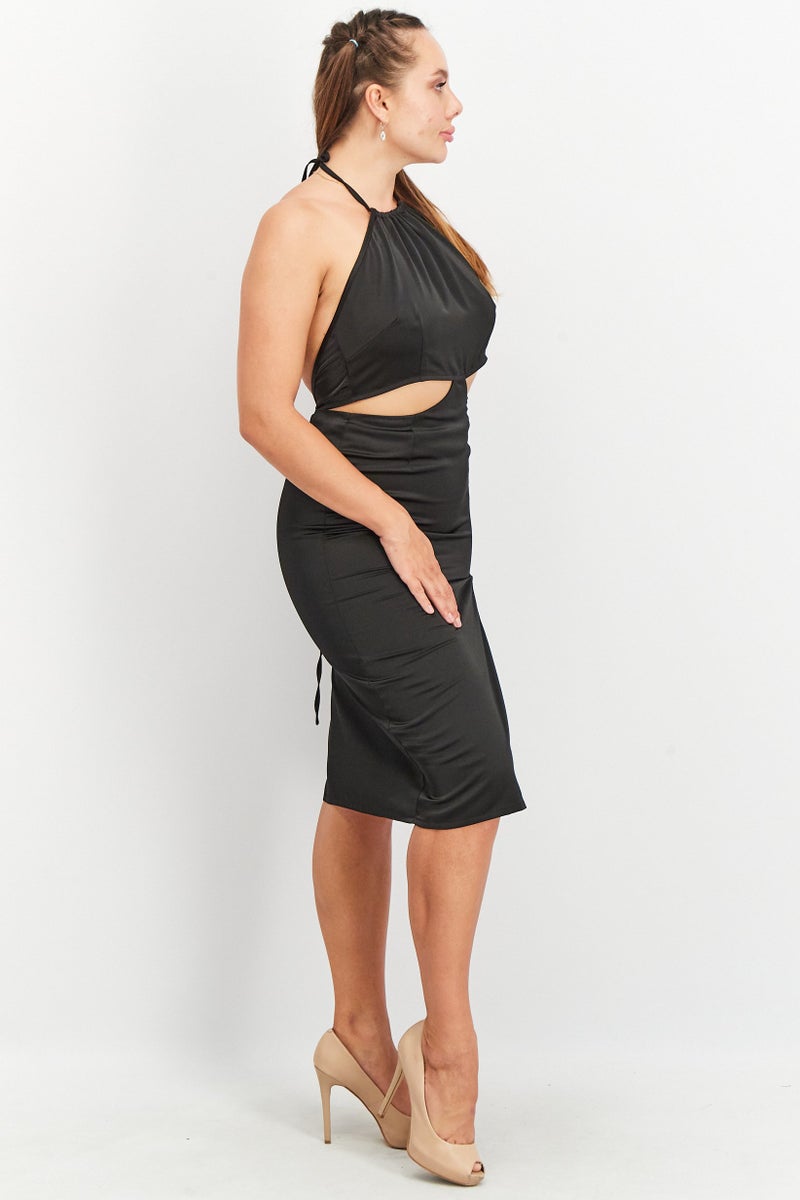 Unique21 Women Halter Neck Solid Side Slit Cut Out Midi Dress, Black - Image 2