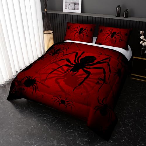 Nttopship Boys Spider Printed Comforter Set Bed in A Bag Queen Size 3PCS Red Bedding Set Cool Black Spider Comforter Set Girls Boys Kids Comforter Bedding Set with 2 Pillowcases - Image 3
