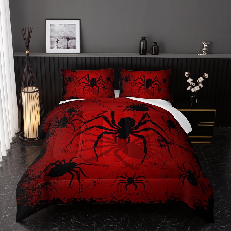 Nttopship Boys Spider Printed Comforter Set Bed in A Bag Queen Size 3PCS Red Bedding Set Cool Black Spider Comforter Set Girls Boys Kids Comforter Bedding Set with 2 Pillowcases - Image 2