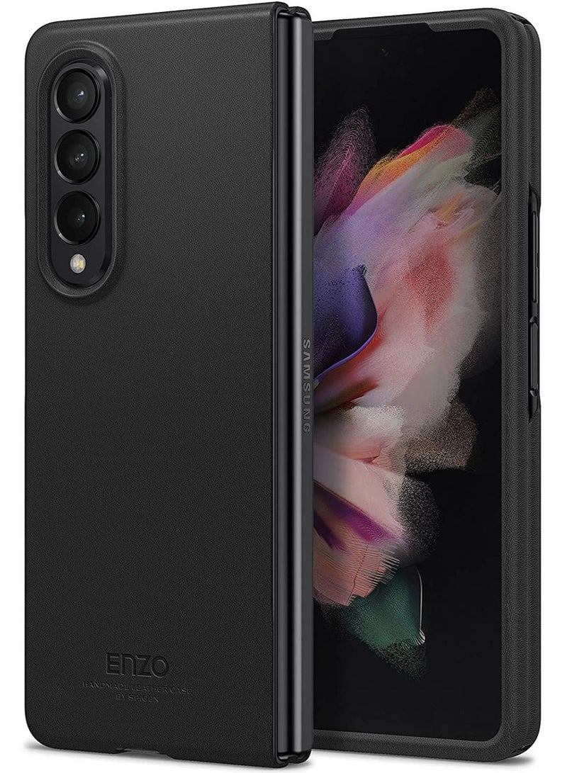 Spigen Enzo Genuine Leather Handmade for Samsung Galaxy Z Fold 3 5G Case Cover - Black - Image 1