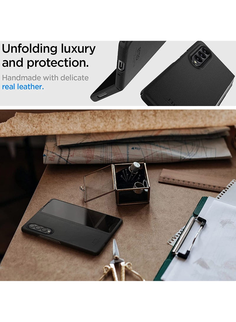 Spigen Enzo Genuine Leather Handmade for Samsung Galaxy Z Fold 3 5G Case Cover - Black - Image 2