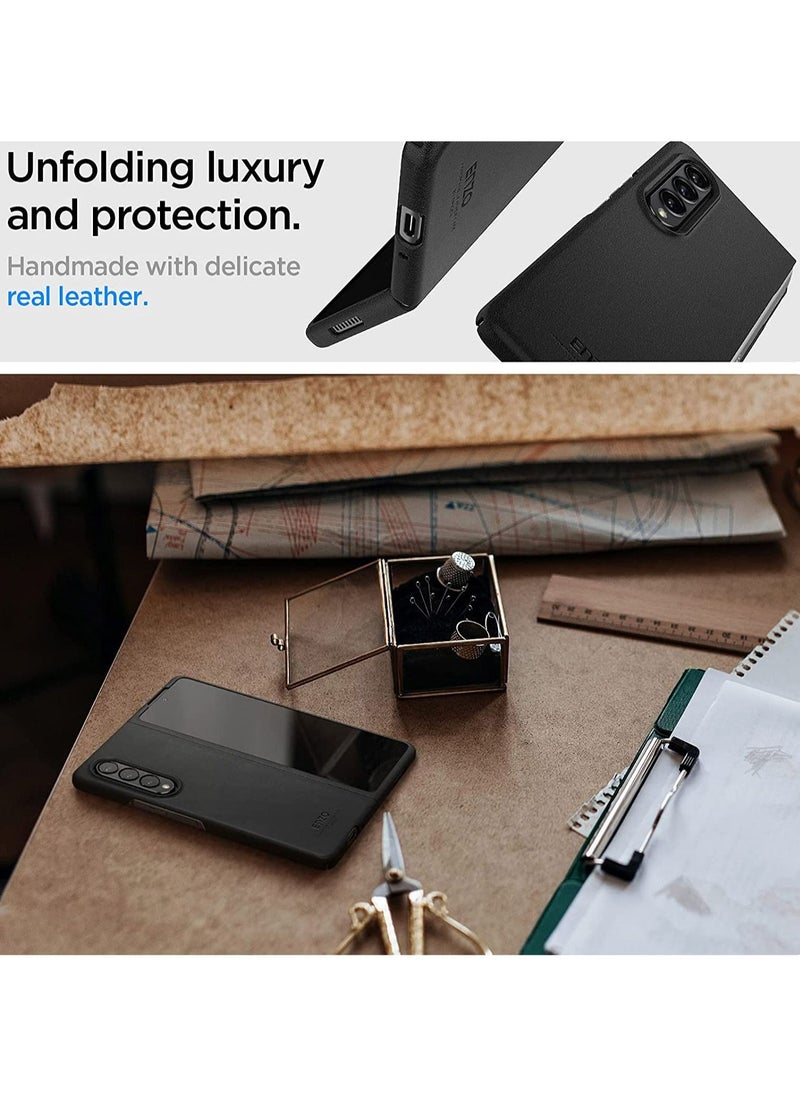Spigen Enzo Genuine Leather Handmade for Samsung Galaxy Z Fold 3 5G Case Cover - Black  - Image 2