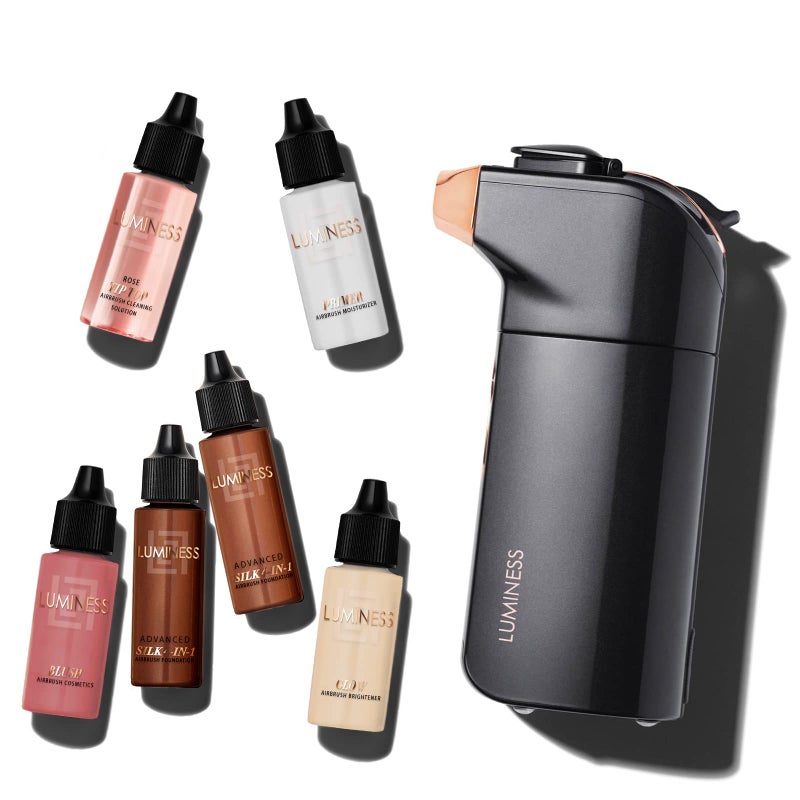 LUMINESS Luminess BREEZE DUO Airbrush Makeup System Rich Coverage  9Piece Kit includes 2x Silk Airbrush Foundation Plum Shade Blush Glow Highlighter Moisturizer Primer and Airbrush Cleaning Solution