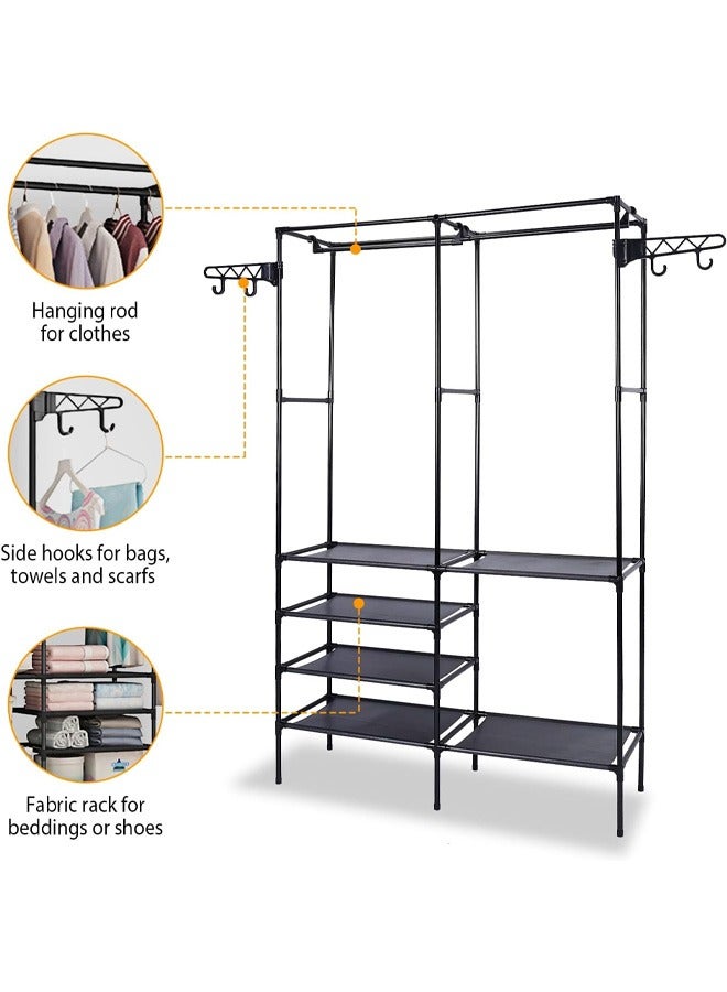 Taimi Metal Clothes Organizer Multi-Functional Portable Wardrobe With Two Sections And Poles For Hanging Clothes Black - Image 4
