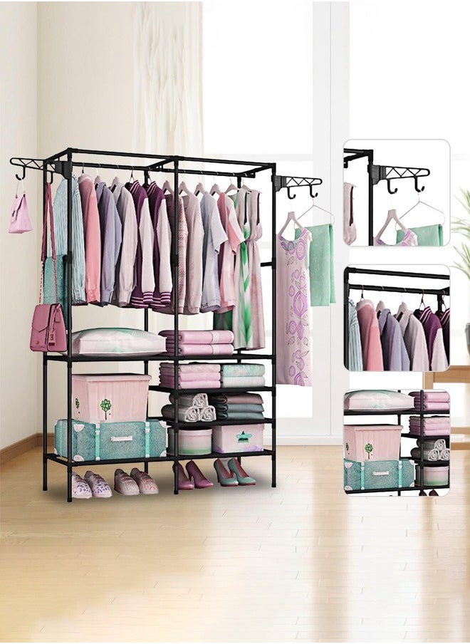 Taimi - Metal Clothes Organizer Multi-Functional Portable Wardrobe With Two Sections And Poles For Hanging Clothes Black - Image 1