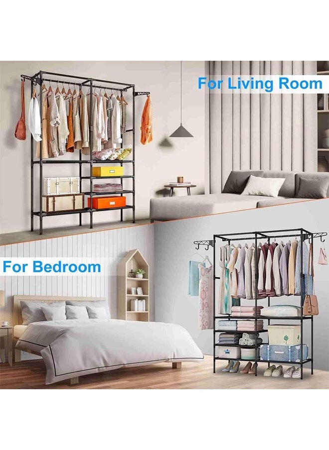 Taimi - Metal Clothes Organizer Multi-Functional Portable Wardrobe With Two Sections And Poles For Hanging Clothes Black - Image 1