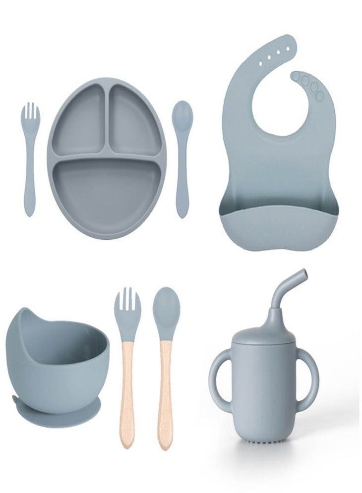 Noor&Star Baby Feeding Set, 8 Piece Baby Led Weaning Supplies, Baby Toddler Bib Cup Divided Plate and Bowl Self Feeding Spoons Dish Set, Baby Eating Utensils, Toddler Feeding Supplies - Image 1