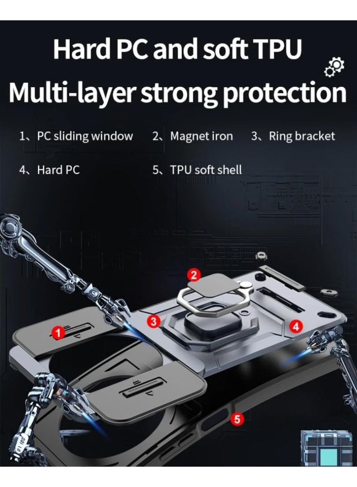 Case Compatible with Realme 14 Pro Plus/Pro+ 5G, 360° Metal Ring Magnetic Kickstand Shell with Camera Lens Slide Window, TPU+PC Armor Shockproof Protective Cover - Image 3