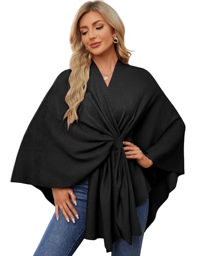 PULI Womens Elegant Shawl Wraps Soft Open Front Poncho Sweater for Spring Fall Winter Black