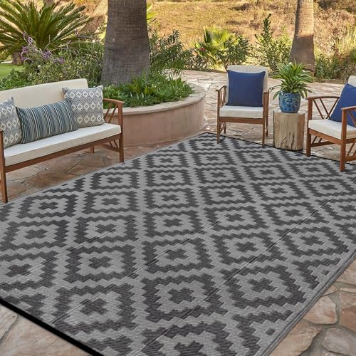 SAND MINE Waterproof Outdoor Rug 6x9 ft Plastic Reversible Rug Modern Area Rug Large Floor Mat for Outdoors RV Patio Backyard Deck Picnic Beach Camping Black Grey Lattice