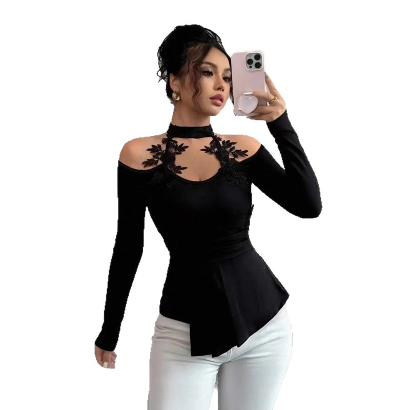 تيشيرت نسائي بقصة ضيقة بأكمام طويلة مع فتحات - Image 5