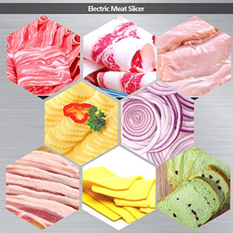 Electric food slicer for kitchen use, stainless steel blade, silver color, adjustable thickness control for precise slicing of meat, cheese, fruits, vegetables, and bread - Image 2