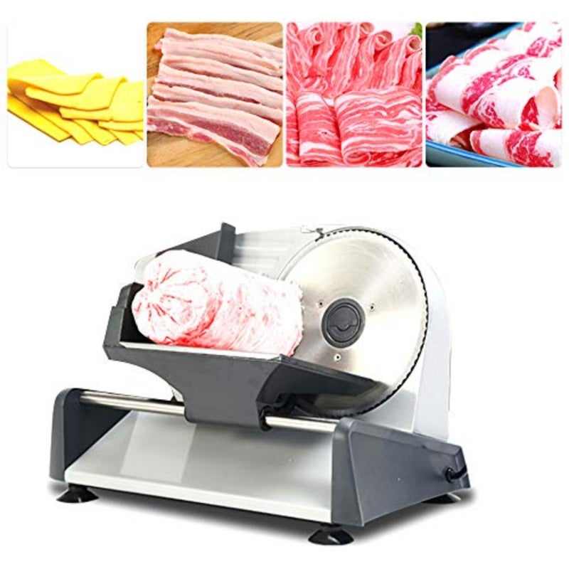 Electric food slicer for kitchen use, stainless steel blade, silver color, adjustable thickness control for precise slicing of meat, cheese, fruits, vegetables, and bread - Image 1