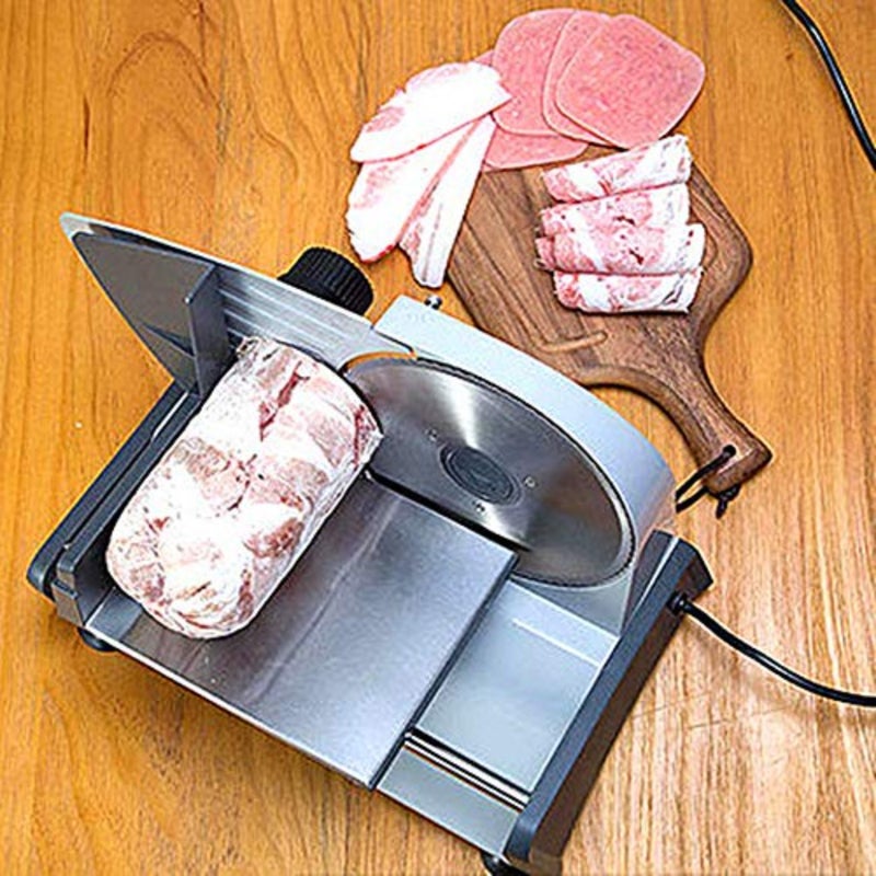 Electric food slicer for kitchen use, stainless steel blade, silver color, adjustable thickness control for precise slicing of meat, cheese, fruits, vegetables, and bread - Image 3
