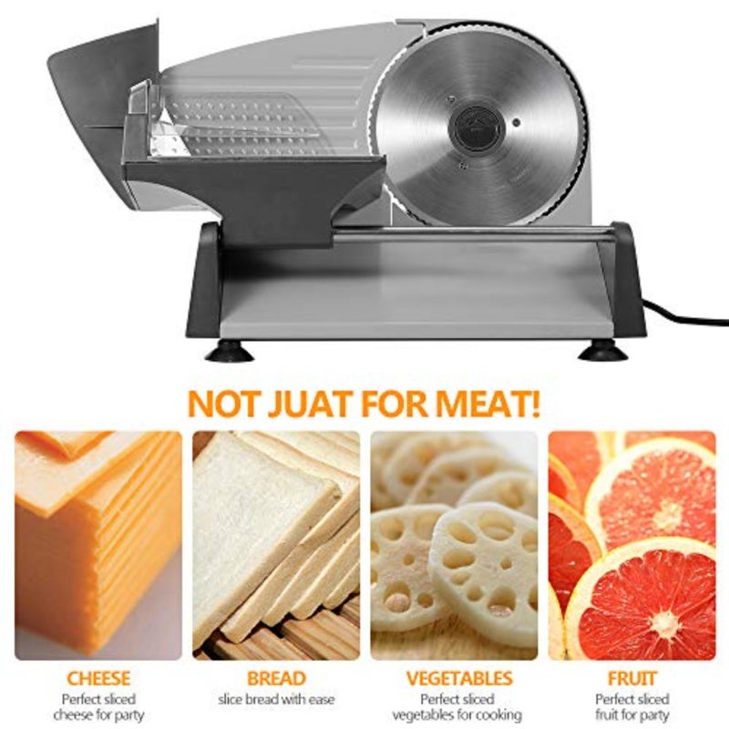 Electric food slicer for kitchen use, stainless steel blade, silver color, adjustable thickness control for precise slicing of meat, cheese, fruits, vegetables, and bread - Image 5