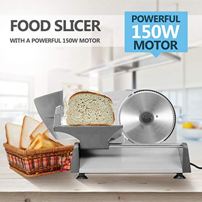 Electric food slicer for kitchen use, stainless steel blade, silver color, adjustable thickness control for precise slicing of meat, cheese, fruits, vegetables, and bread - Image 4