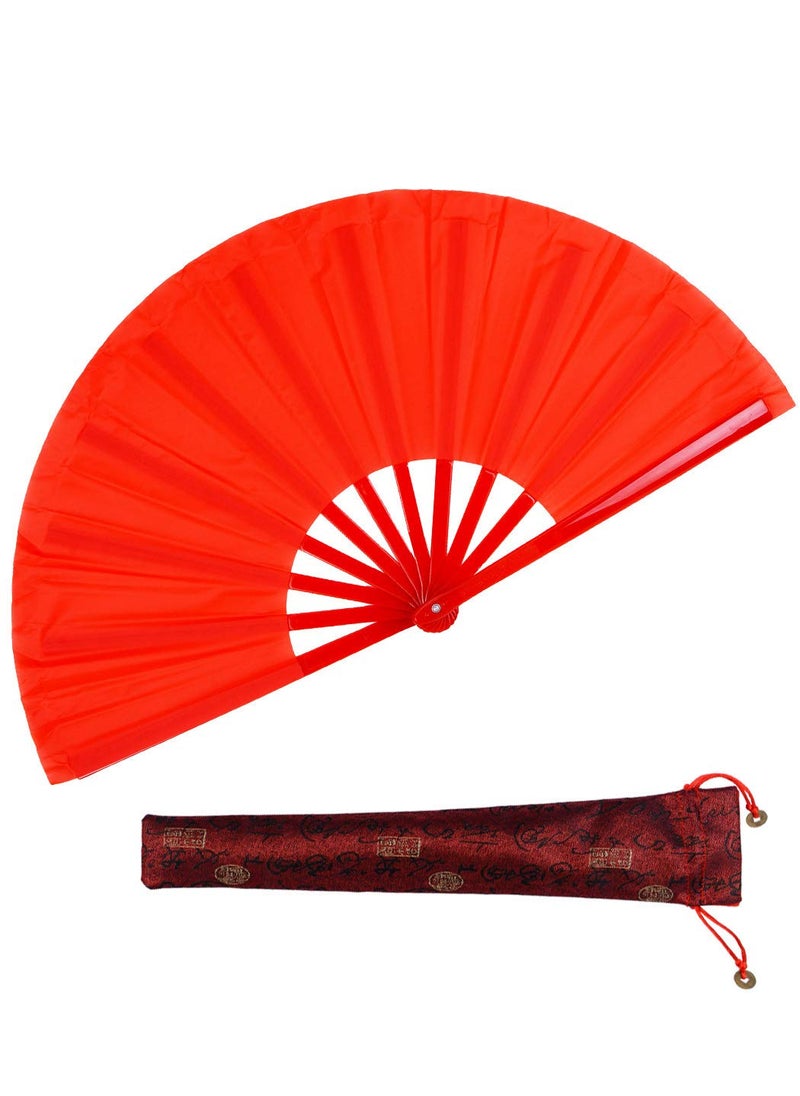 HONSHEN Dance Folding Hand FanRed Large Chinese Kung Fu Tai Chi Polycarbonate Hand Held Folding Fans for MenWomen With a Fabric Case for Protection 13inch Hand Fan red 